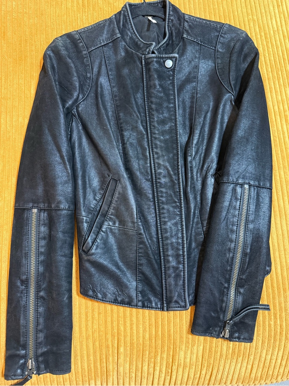 Free People Black Faux Leather Moto Jacket with Zippered Sleeves
